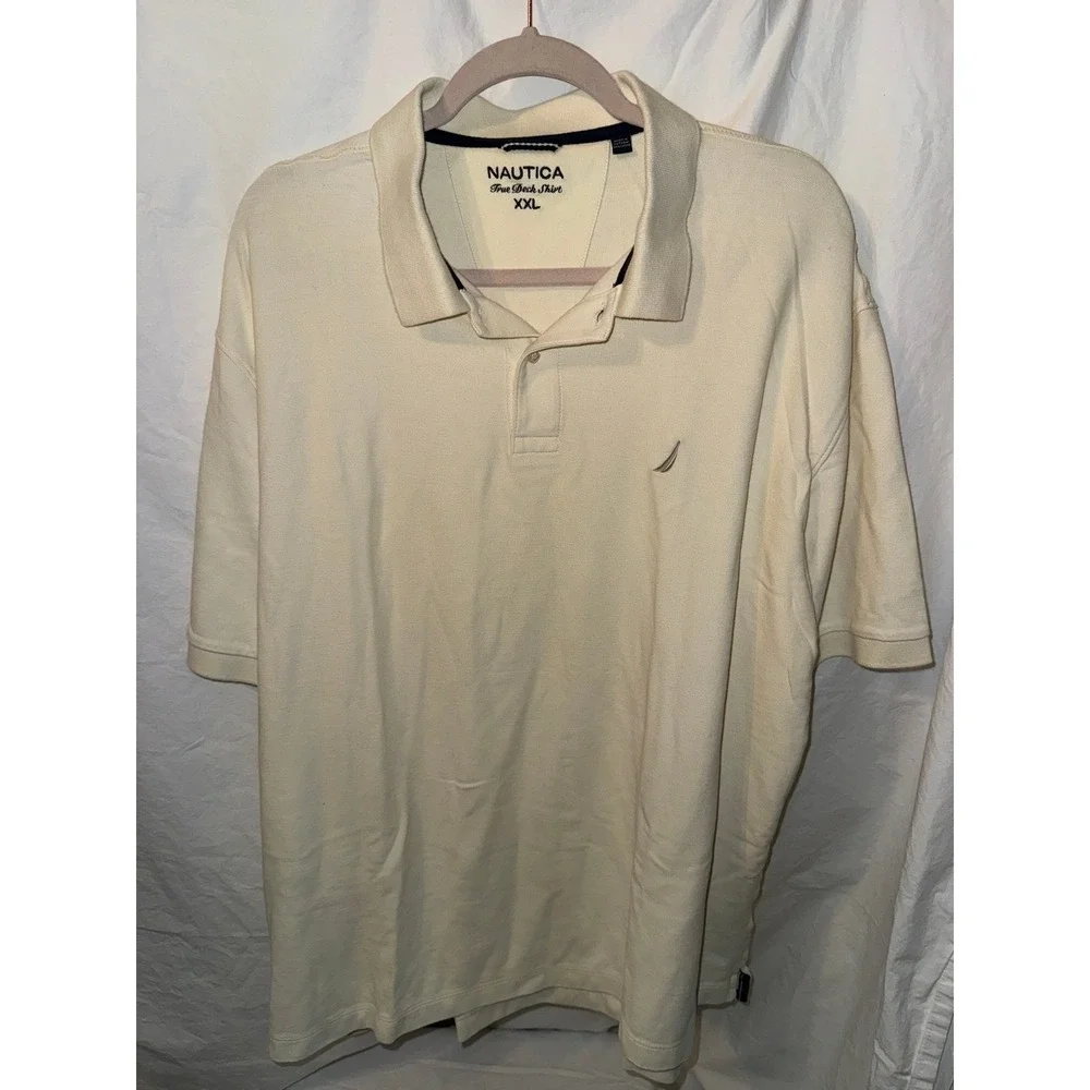 Nautica Mens True Deck Shirt XXL Cream Off White Cotton Pique Short Sleeve Polo